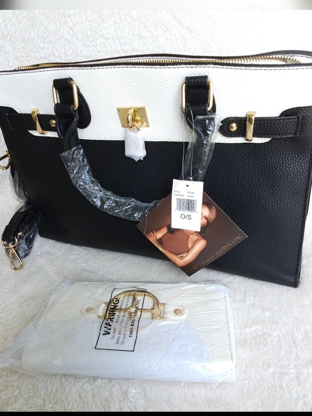 NWT IMAN Global Chic Black & White Colorblock Satchel Tote Handbag Wallet Set